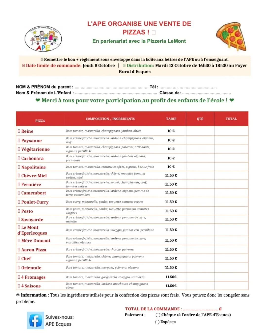bon de commande bon de commande vente de pizzas